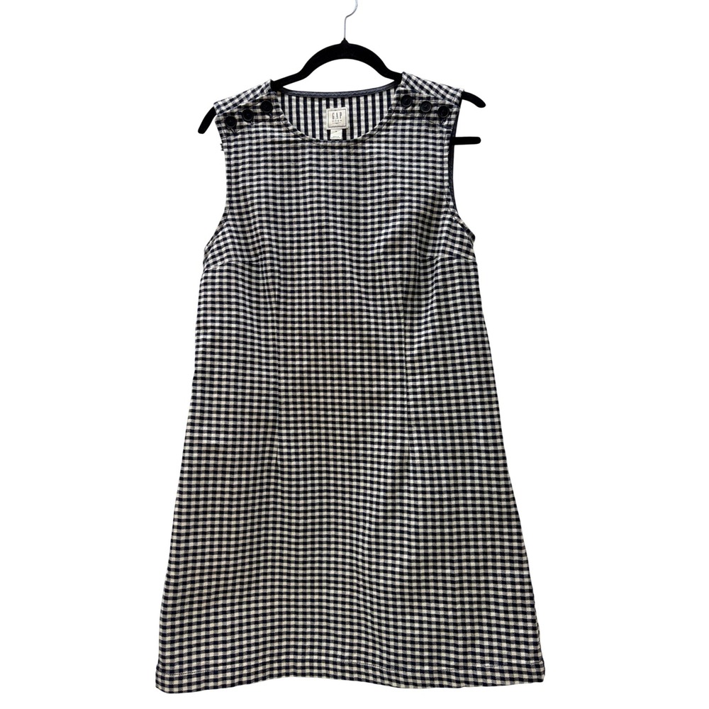 Gap x DOEN Gingham Mini Shift Dress Navy White Button Shoulder Cotton Size 8